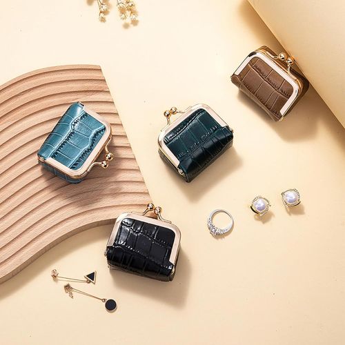 Genuine Cow Leather Mini Jewelry Box & Coin Purse for Women, Travel Jewelry Case with Kiss Lock, Holds Earrings, Rings, Necklace, Bracelet, Coins (Black Crocdile Pattern)