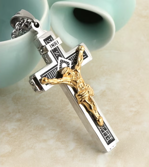 Cross Necklace for Men, Stainless Steel Chain, Silver Toned Pendant, Christian Religious Jewelry