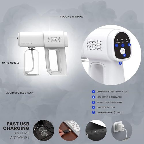 The Original Disinfectant Fogger Machine - Professional Sanitizer Sprayer - Electrostatic ULV Atomizer & Nano Steam Gun – Rechargeable Barber Spray Gun with Blue Light (White 2)