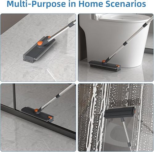 Floor Scrub Brush with Long Handle, 3 in 1 Scrape and Heavy-Duty Stiff Bristle Floor Scrubber Brush Broom with Squeegee and Tweezer for Cleaning Grey
