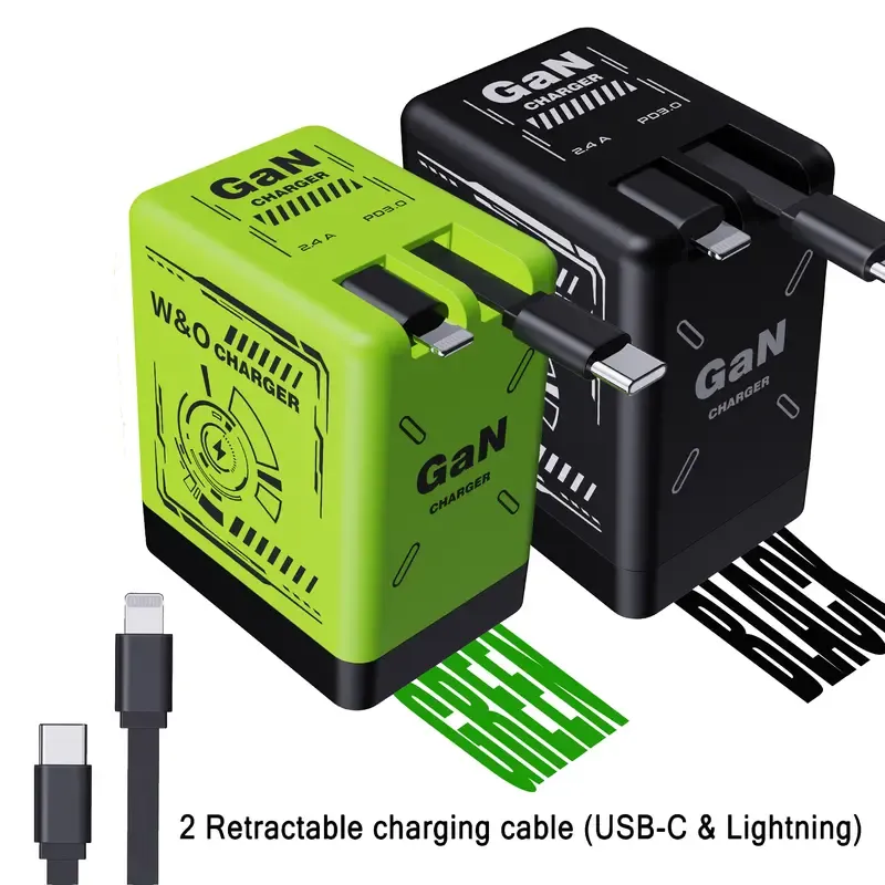 All-in-One Travel Charger - 120W Retractable GAN Charger with Built-in Type-C Cable & USB Ports, Foldable Wall Plug for Laptop, Phone Fast Charging