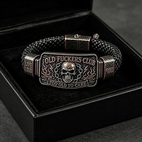 Old Fuckers Club & Wild Freedom | 2026 OLD FUCKERS CLUB Skull Bracelet,Vintage Black Skull Flame Biker Braided Bracelet for Men,Too Old To Care Wristband