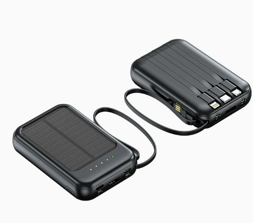 Compact and portable 20,000mAh solar power bank with built-in cables.