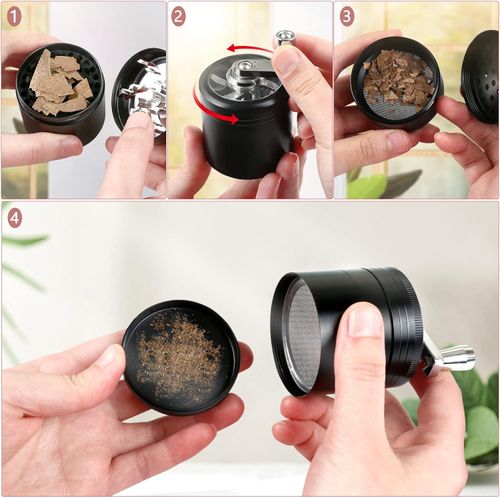 Grinder Crusher Pollen Herb Mill with Hand Crank for Dried Herbs Spice Spices Herb Made of Zinc Alloy 4-Piece Set with Pollen Scraper Black