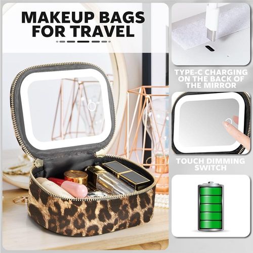 Leopard Print Mini Travel Makeup Bag with LED Light Mirror, 500mah Rechargeable Touch Dimmable Beauty Storage Pouch for Travel, Travel Cosmetic Bag