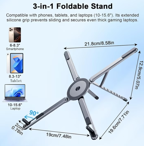 Foldable Aluminum Alloy, 3-in-1 Laptop.Tablet.iPhone Holder, Supports Handheld or Desktop Mode, Portable Travel Design,Powerful Magnetic Suction