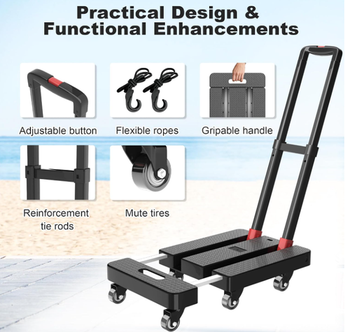 Folding Hand Truck, 500 LBS Heavy Duty Foldable Dolly Cart with Wheels, Telescoping Handle & 2 Elastic Ropes, Portable Luggage Cart for Moving, Travel, Home, Black Red