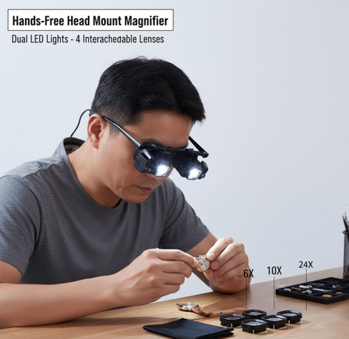 24X Headband Magnifying Glasses with 2 LED Lights, Hands-Free Head Mount Magnifier with 4 Sets of Interchangeable Lenses (2X, 6X, 10X, 24X) for Jewelry Loupe, Watch Repair, Crafting and Reading