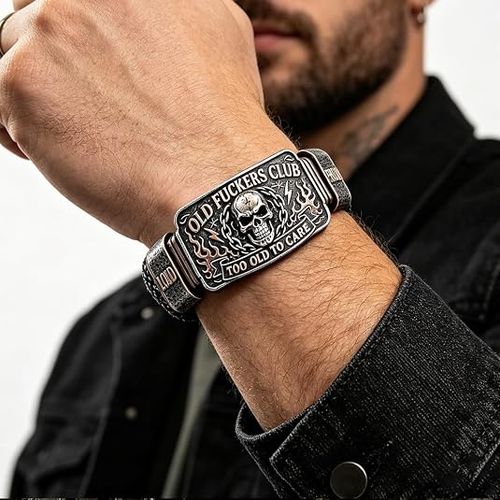 Old Fuckers Club & Wild Freedom | 2026 OLD FUCKERS CLUB Skull Bracelet,Vintage Black Skull Flame Biker Braided Bracelet for Men,Too Old To Care Wristband