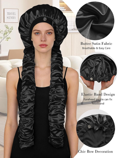 Heatless Curl Satin Bonnet for Sleeping, No Slip Sleep Bonnet with Long Curling Ribbons for Braids & Long Hair