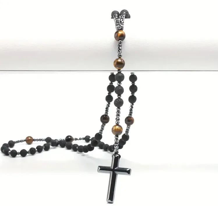 Rosary Style Black Volcanic Stone Yellow Tiger Eye Gallstone Cross Pendant