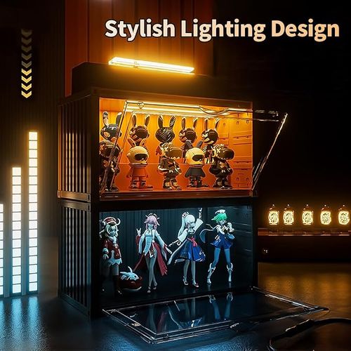 Clear Display Case with Voice-Activated Light, Display Stand Organizer Dustproof Protection Showcase for Collectible Pop Figures and Toys(Yellow)