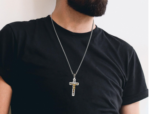 Cross Necklace for Men, Stainless Steel Chain, Silver Toned Pendant, Christian Religious Jewelry
