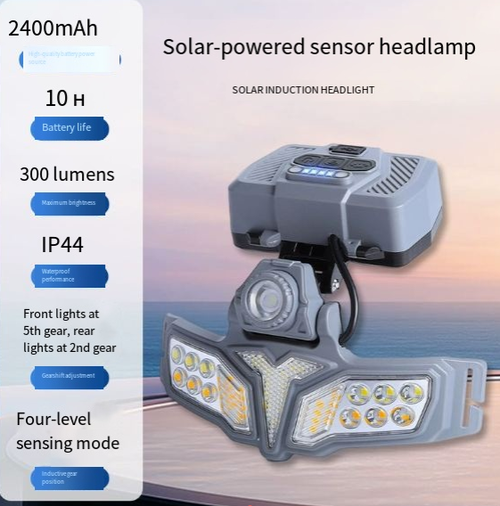 Solar-powered rechargeable headlamp with red and blue warning lights, lithium-ion battery-powered outdoor headlamp, emergency headlamp, human body sensor + red and blue strobe light, long-lasting lithium-ion battery model.