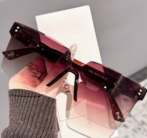 High-end, stylish oversized sunglasses with integrated lettering on the temples, featuring subtle shimmer.