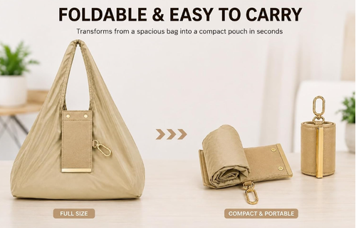 Reusable Foldable Tote Handbag for Women with Zipper Pouch and Metal Clips, Compact Shopping Bag for Travel, Office & Everyday Carry