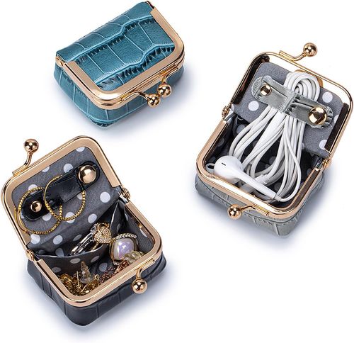 Genuine Cow Leather Mini Jewelry Box & Coin Purse for Women, Travel Jewelry Case with Kiss Lock, Holds Earrings, Rings, Necklace, Bracelet, Coins (Black Crocdile Pattern)