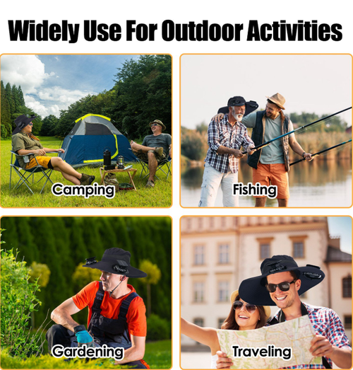 Outdoor Wide Brim Sun Hat with 2 Solar Fan 3 Wind Speeds Sun Bucket Hat for Men Women UPF 50+ Breathable Waterproof Nylon Mesh Solar Fan Hat Green Graffiti