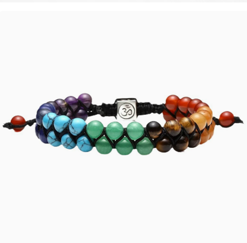 Bohemian-style double-layer handmade braided cord bracelet with crystal beads.