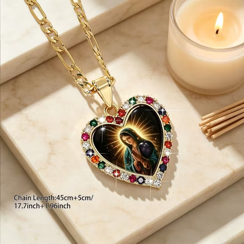 Virgin Mary Birthstones inlay Daily prayer Pendant necklace with gift box