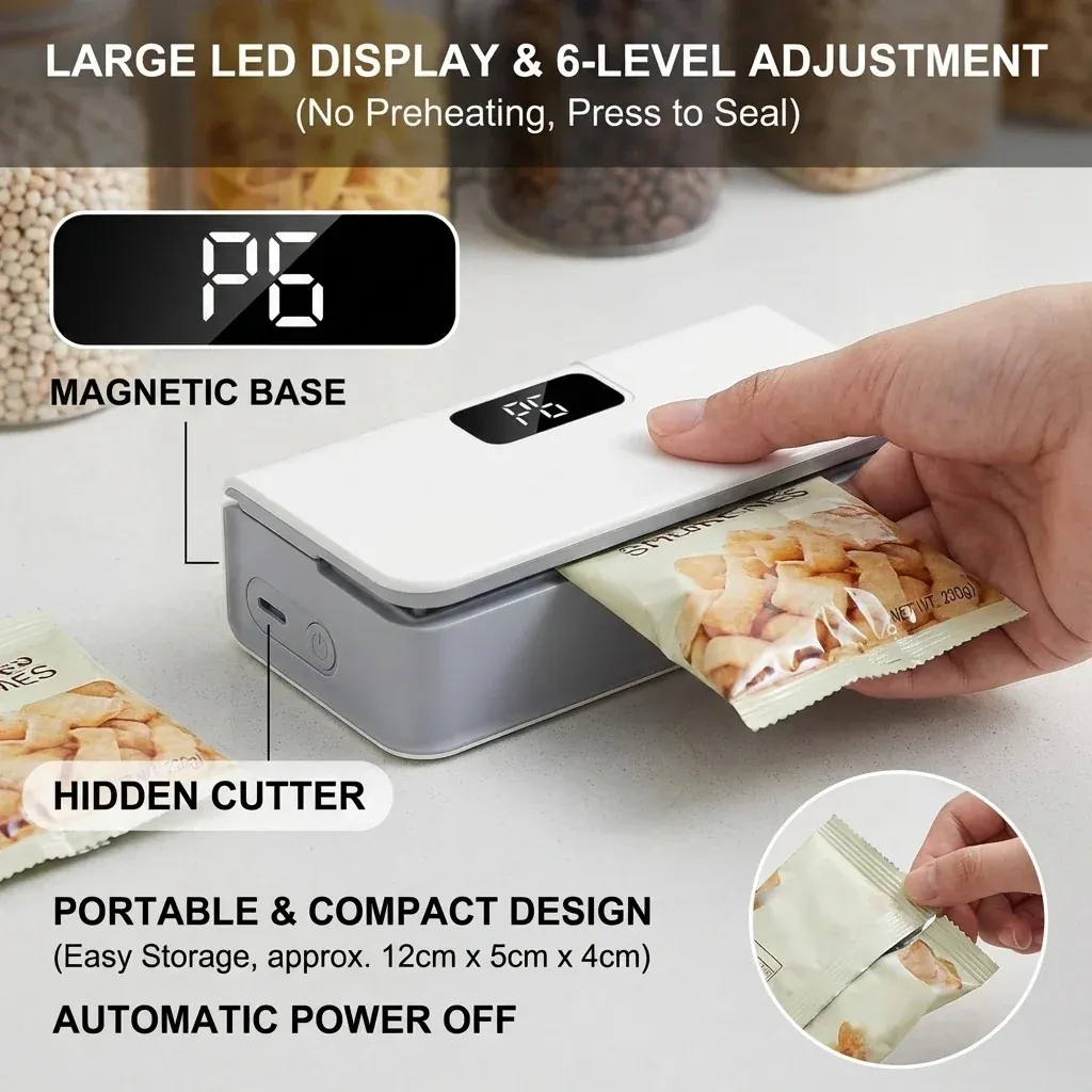 Mini Bag Sealer with LED Display Rechargeable Handheld Heat Sealer for Plastic Snack and Coffee Bags Airtight Resealer for Food Storage Home Kitchen Camping and Travel Use USB Charging Portable Tool