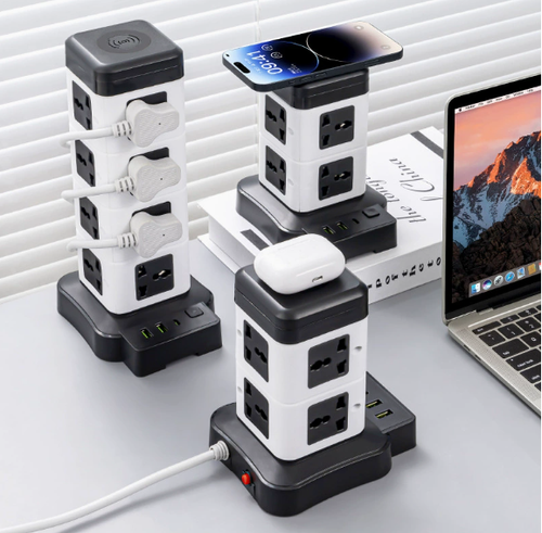 UK-standard power strip with vertical design and wireless charging—universal compatibility.
