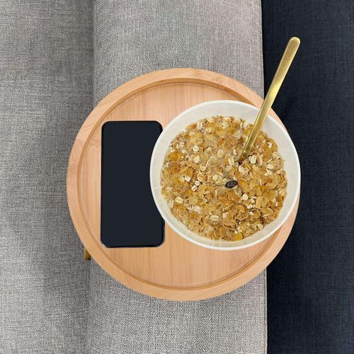 Wood Round Sofa Tray  Clip on Side Table with Foldable Leg for Coffee, Tea, Snacks, Remote Controls, Living Room, Apartment, Dorm