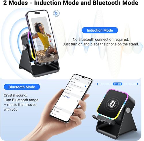 Induction Speaker with Phone Stand — Wireless Bluetooth Induction Audio for iPhone & Android — Amplifier Speaker with Charging and Color Lighting Functions
