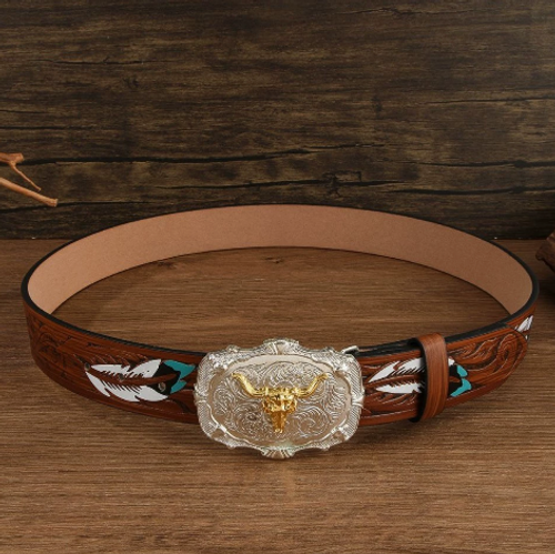 Western Cowboy Retro Embossed Buckle Belt for Men and Women, Trendy Animal Bull Head Pattern Belt, Personalized Folk Style