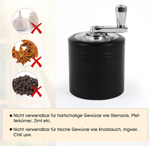 Grinder Crusher Pollen Herb Mill with Hand Crank for Dried Herbs Spice Spices Herb Made of Zinc Alloy 4-Piece Set with Pollen Scraper Black