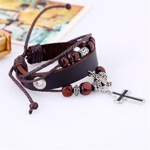 Handmade Leather Bracelets Set for Men and Women Vintage Cross Beaded Braided Black Punk Adjustable Wrap Cuff Bracelet