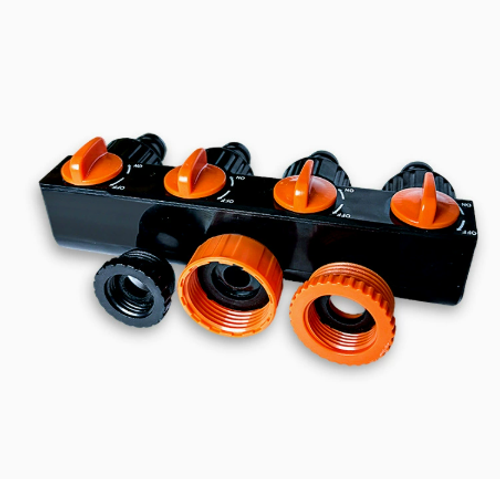 Water flow splitter, 1-to-4 splitter with valve switch, garden faucet connector, nipple-type water pipe fitting