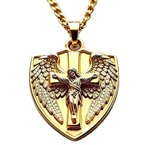 Diamond-accented angel wing and Jesus cross shield pendant