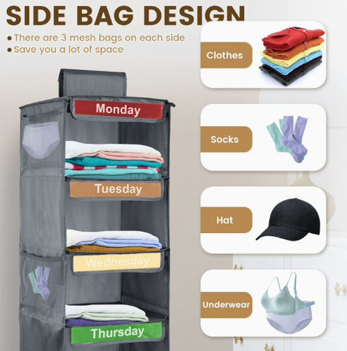5-Shelf Weekly Clothes Organizer for Kids,Day of the Week Clothes Organizer,Dividers School Clothes Organizer Day of Week,Dorm Room Essential Daily Shelf Hanging Closet Organizer with 6 Side Pockets
