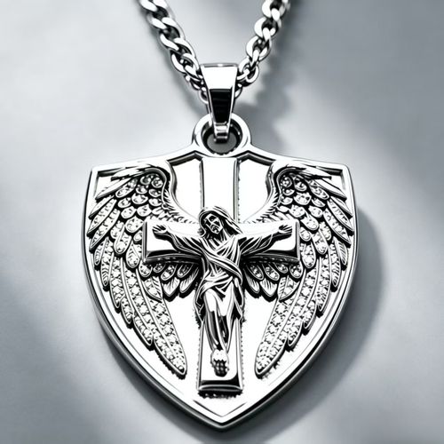 Diamond-accented angel wing and Jesus cross shield pendant