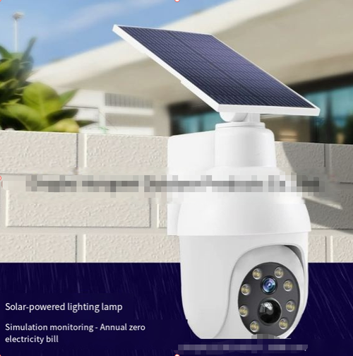 Solar-powered outdoor courtyard light with smart motion sensor and simulated surveillance camera design.