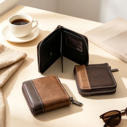 Short zippered leather wallet