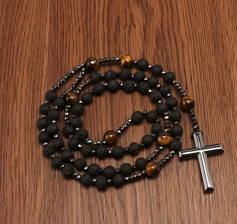 Rosary Style Black Volcanic Stone Yellow Tiger Eye Gallstone Cross Pendant