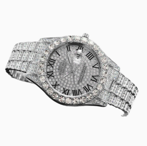 Multiple styles of diamond-encrusted watches, diamond-patterned Cuban bracelets and necklaces, three-piece watch sets