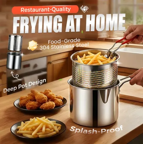Deep Fryer Pot 304 Stainless Steel Frying Pan with Strainer Basket and Handle, Portable Mini Long Handle Fryer Pan, with Strainer for Home