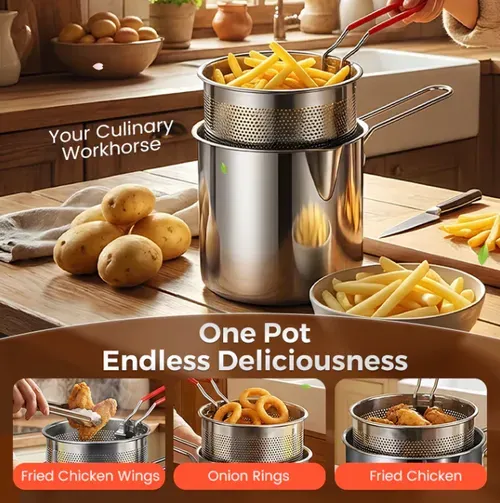 Deep Fryer Pot 304 Stainless Steel Frying Pan with Strainer Basket and Handle, Portable Mini Long Handle Fryer Pan, with Strainer for Home
