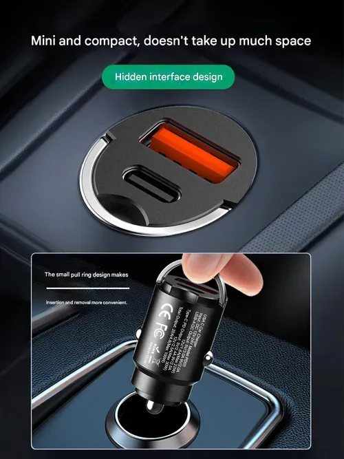 Hidden mini car charging, with folding ring, small and portable, plug in the cigarette lighter is basically flat, support double interface at the same time fast charging!