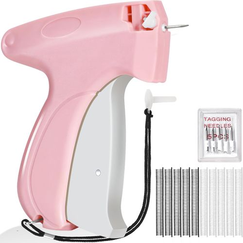 Stitch Gun for Clothes, Tagging Gun for Clothing, Handheld Quick Sticky Sewing Micro Tag Gun Fixer Hemming Pants Tool Instantly, Includes 6 Needles and 500 Fasteners (Pink)