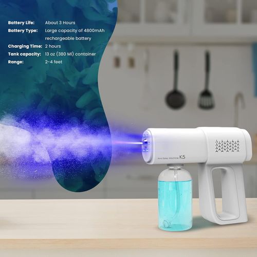 The Original Disinfectant Fogger Machine - Professional Sanitizer Sprayer - Electrostatic ULV Atomizer & Nano Steam Gun – Rechargeable Barber Spray Gun with Blue Light (White 2)