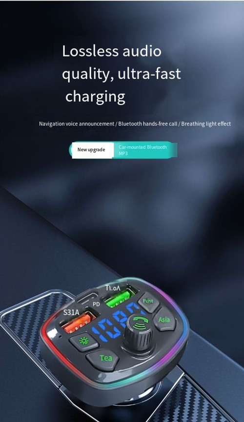 In-Car Bluetooth MP3 Player with Digital Voltage Display — PD Fast-Charging Dual-Port Car Charger Multifunctional Q7 Car Charger — Cigarette Lighter Adapter with Fast Charging & In-Car Bluetooth Music Player