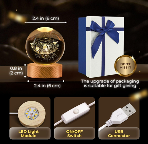 3D Solar System Crystal Ball Night Light   LED Light Hologram Glass Lamp with Solid Wood Base, USB Powered Crystal Ball Lamp w Adjustable Brightness for Home Decor Display Gift,2.4inch
