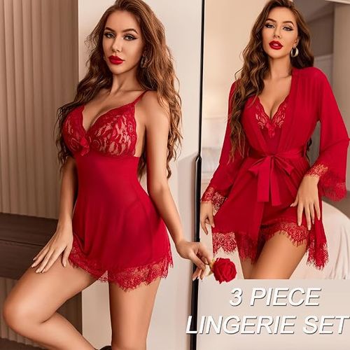 Sexy Lingerie for Women 3 Piece Lingerie Sets Lace Lingerie Robe Mesh Nightgown