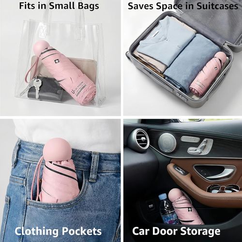 Travel Essentials Mini Umbrella for Purse With Case Small Compact UV Sun Protection Lightweight Tiny Pocket Manual Open Close Umbrella for Women Kids and Men Fit Purse Backpack