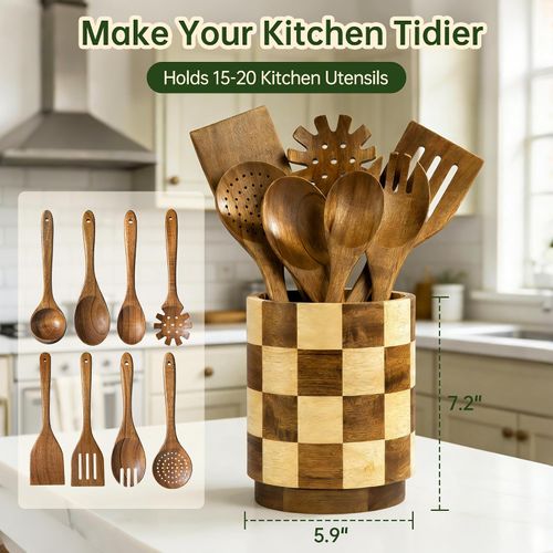 Wooden Utensil Holder, 360° Rotating Wood Kitchen Utensil Holder for Countertop, Large Utensil Holder for Kitchen