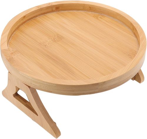 Wood Round Sofa Tray  Clip on Side Table with Foldable Leg for Coffee, Tea, Snacks, Remote Controls, Living Room, Apartment, Dorm